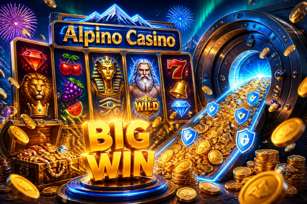 Scena di pagamenti su Alpino Casino con flussi di accredito e caveau, a rappresentare i tempi di prelievo